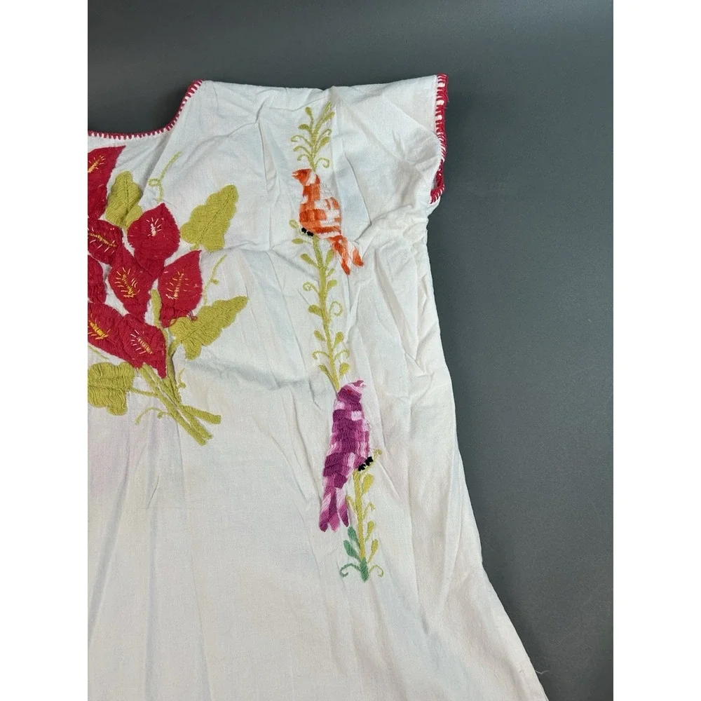 Hand Embroidered Mexican Bird Floral Tunic Blouse White Cotton Boho Folk Est Lg